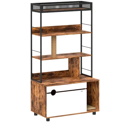 Productafbeelding van Moonbite kattenkast 2-in-1 met 3-laags plankensysteem, kattenbak discreet verborgen in huis, krabpaal, schuifdeur en een zandopvangplaat, hout, bruin