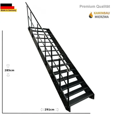 Produktbild von Wangen- Treppe Stahltreppe Gitterroststufen 15 Stufen mit Geländer Links- Verzinkt & komplett Anthrazit pulverlackiert (B x H x T) 120 x 285x 291 cm