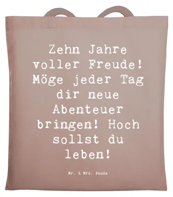 Produktbild von Mr. & Mrs. Panda Shopping Tasche Spruch 10. Geburtstag Freude - Braun Pastell - Geschenk, Jutebeutel, Beutel, Kinderfeier, Abenteuer, Party, Alter, Büchertasche, Tote Bag