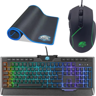 A gaming keyboard, mouse, and mousepad are displayed on a white background.