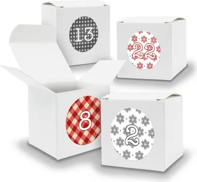 Produktbild von Adventskalender zum Füllen 24x Würfel 6,5cm WEISS + Sticker V04 Z07