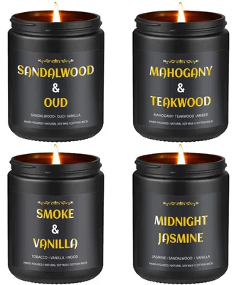 Obrázok produktu pre Sada vonných sviečok pre mužov, 4 kusy, celková hmotnosť 765 g, sójový vosk, doba horenia 200 hodín. Vône: santalové drevo, oud, mahagón, teak, dymová vanilka, jazmín