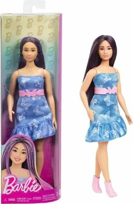 Produktbild von Barbie Fashionistas -Puppe Nr. 231 in Denim-Schmetterlingskleid mit rosa Gürtel, violettes Haar, Modepuppe, Weiblich, 3 Jahr(e), Mädchen, 298 mm, 174 g