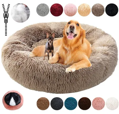Obrázok produktu pre Psie pelíšek, okrúhly, plyšový, tvar donutu, upokojujúci, umývateľný, farba khaki, veľkosť M (60 cm)