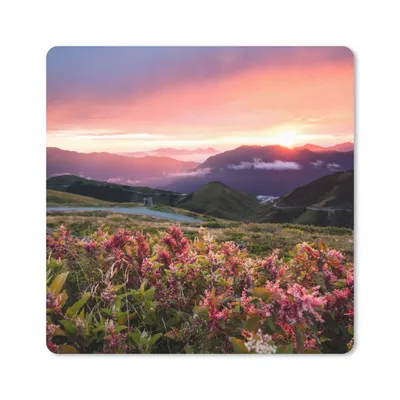 Produktbild von MuchoWow® Mauspad Mousepad Blumen - Berge - Landschaft - Nacht - Himmel - Rosa 20x20 cm - Mousepads - Maus Mat - Pad - Mausunterlage - Desk Mat - Bureauartikeln