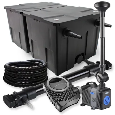 Zdjęcie produktu dla Kompletny zestaw SunSun: filtr do oczka wodnego CBF-350B do 60000 l, pompa do oczka wodnego NEO10000 10000 l/h 80 W, osadnik do oczka wodnego CUV-672 72 W, wąż do oczka wodnego 25 m 25 mm, fontanna CTP-5003 5000 l/h 30 W