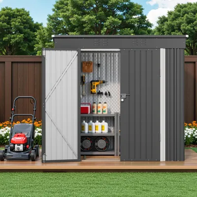Produktbild von BEALIFE Metall-Gerätehaus 195x130x180 cm mit Bodenrahmen & Satteldach | Wetterfest, demontierbarer Gartenschuppen | Dunkelgrau/Braun/Grün | CC10