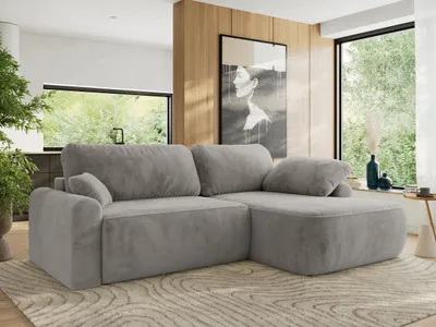 Produktbild von MKS MEBLE Ecksofa CUBO L-form, lose Kissen, Ecksofa 273x187x100 cm mit Schlaffunktion, Bettkasten - Hellgrau Plüsch - Rechts Seite