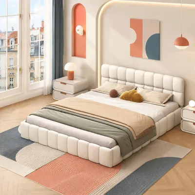 Productafbeelding van INONEFT Gestoffeerd tweepersoonsbed 140x190cm, laag bed met bubble-effect, bed voor tieners met gestoffeerd hoofdeinde, bedframe voor een echtpaar met lattenbodem, linnen, beige
