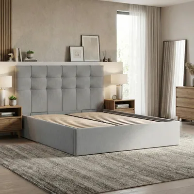Produktbild von Polsterbett 180x200 cm mit Lattenrost, Doppelbett ohne Bettkasten, elegantes Bett mit Kopfteil, Geflecht, Grau, Dunkelgrau, SORIA 180 x 200