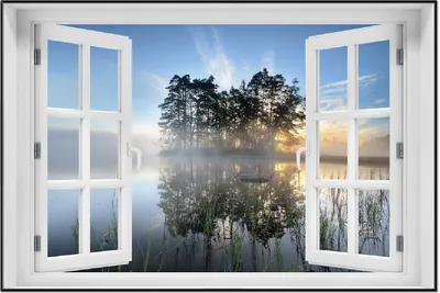 Produktbild von Wallario Wandbild mit Fenster-Illusion: Stiller See mit Insel im Morgennebel, Größe: 61 x 91,5 cm, Poster mit schwarzem Aluminiumrahmen
