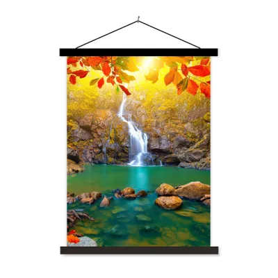 Produktbild von MuchoWow® Textilposter Steine - Baum - Wasserfall - Herbst - Rot 90x120 cm mit schwarzem Rahmen - Dekoration
