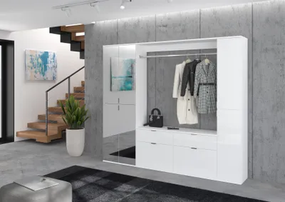 Produktbild von Projekt X Kompaktgarderobe mit Spiegelschrank, 212 x 193 cm, Weiß / Weiß Hochglanz