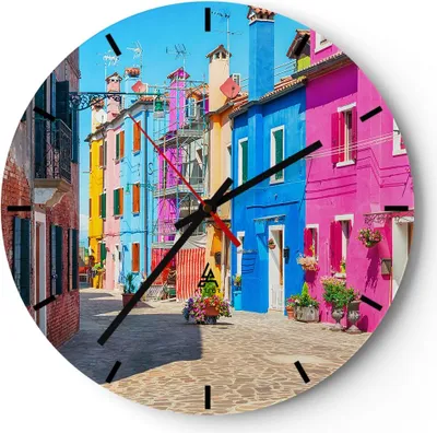 Produktbild von Wanduhr - Rund - Glasuhr - Straße Haus Blumen - 40x40cm - Schleichendes Uhrwerk - Lautlos - zum Aufhängen bereit - Dekoration Modern - Wanddekoration aus Glas - C3AR40x40-3825