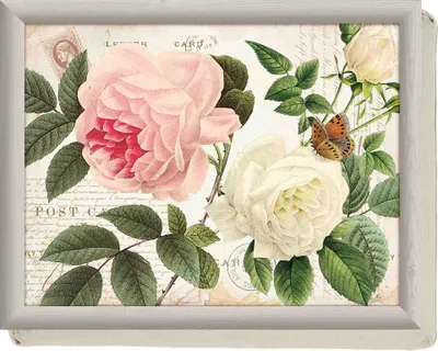 Produktbild von Creative Tops Schoßtablett, gepolstert, 44 x 34 cm, Rosengarten, Holz, MDF, Kunststoff, Baumwolle, Beige, Rosa, Weiß, Pink, stabil, pflegeleicht, mit Rahmen, für Laptop, Tablet, Frühstück, Großbritannien