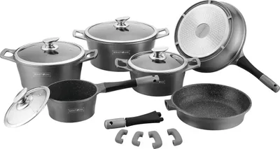 A collection of cookware items arranged on a white background.