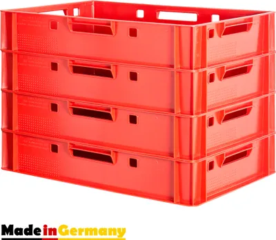 Produktbild von 4 Stück E1 Fleischkisten Rot Kisten Eurobox Lebensmittelecht Metzgerkiste Box Aufbewahrungsbox Kunststoff Wanne Plastik Stapelbar Lagerkisten 60 x 40 Kingpower