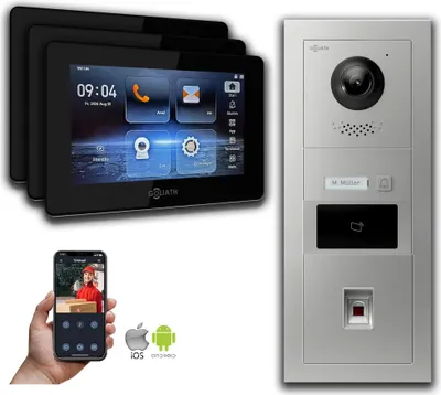 Image de Interphone vidéo Goliath IP avec caméra, 7 pouces, empreinte digitale et RFID, couleur argent : 3 moniteurs : 7 pouces, couleur noir : boîtier encastré Nombre de moniteurs : 3 moniteurs Couleur du moniteur : 7 pouces, noir Montage : boîtier encastré