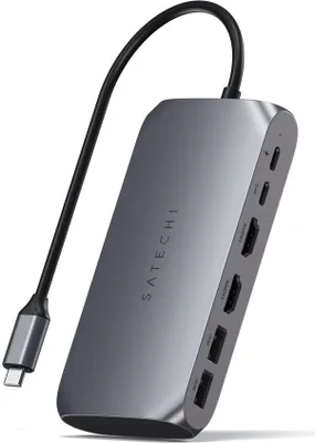 A Satechi USB-C multimedia adapter is shown against a white background.