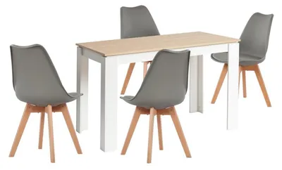 Image de Ensemble de salle à manger comprenant une table rectangulaire en chêne et blanc, avec 4 chaises grises, dimensions : 120 cm
