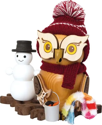 Produktbild von Drechslerei Kuhnert Räucherfiguren - Eule mit Schneemann - aus Holz - ca. 15 cm - für Räucherkerzen - schicke Dekoration für jedes Zimmer