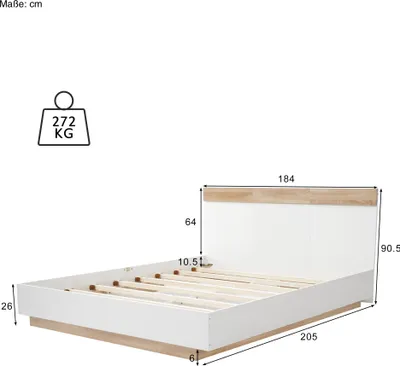 A diagram of a bed with dimensions and a weight capacity icon.