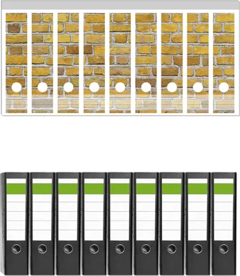 Produktbild von Wallario 9 Stück breite Ordner inkl. Klebeetiketten mit Motive Ziegelsteinwand in gelb - Backsteine -  Set mit Rückenschildern / Ordnerrücken Stickern