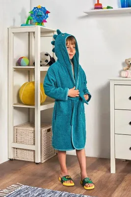 Produktbild von Kinderbademantel Dino mit Kapuze 100% Baumwolle Dunkelgrün 122/128