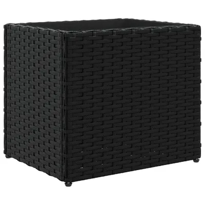 A black woven planter box on a white background.