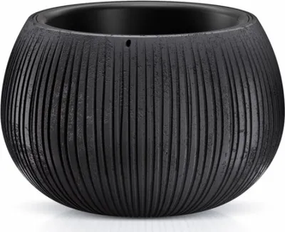 A black, ribbed planter pot is shown against a white background.