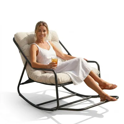 Immagine prodotto di LVHOM Poltrona a dondolo con braccioli, poltrona a dondolo in tessuto corduroy, poltrona relax moderna con struttura in metallo e imbottitura spessa, poltrona da lettura in stile scandinavo, bianca