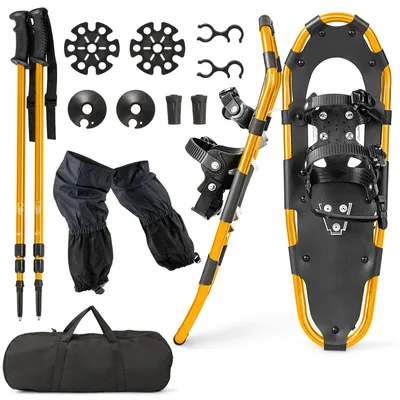 Immagine prodotto di COSTWAY Set di racchette da neve 4 in 1, numero di scarpe 38-45, racchette da neve con telaio in alluminio, bastoncini da trekking, borsa da trasporto e ghette