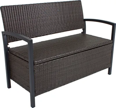 Produktbild von Garden Pleasure Parkbank FERRARA, Modern, mit Ablagefach, aus Aluminium-Kunststoffgeflecht, Coffee, wetterfest, bis 250 kg, für Garten & Außenbereich. Maße: 117x86x58 cm (BxHxT), Sitz 110x47 cm (BxT), Sitzhöhe 46 cm, Truhe innen 106x46x29 cm (BxHxT)