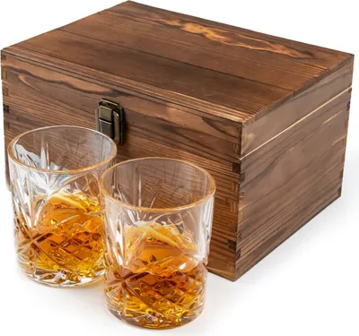 Whisky Gläser Set (x2 250ml) in einer Holzkiste für Scotch, Cocktail, Rum, Bourbon, Cognac, Wodka und Likör - Exklusives Geschenke für Männer