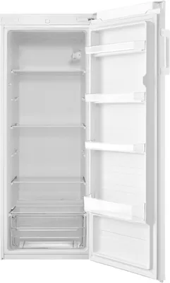 An empty, open white refrigerator with shelves and drawers.