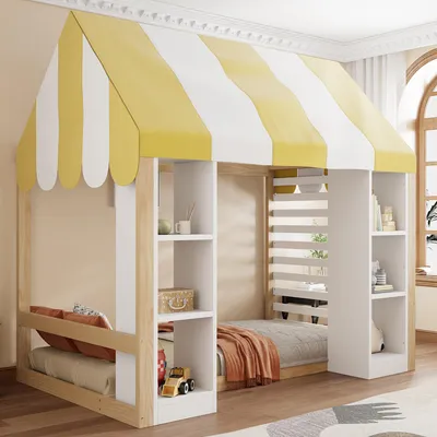 Zdjęcie produktu dla Łóżeczko dziecięce Flex, 90x200 cm, z baldachimem; łóżko-domek z półką; łóżko podłogowe, jednoosobowe, z barierką ochronną i listwami sprężystymi; łóżko dziecięce drewniane, w naturalnym wykończeniu