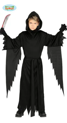 A child wearing a grim reaper costume holding a bloody knife.