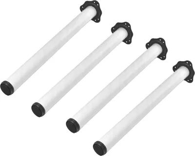 Four white table legs with black adjustable feet are arranged diagonally on a white background.