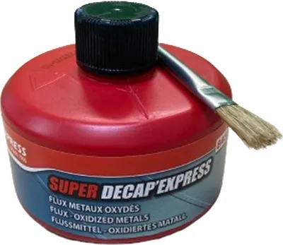 A red bottle of flux with a brush attached to the cap, on a white background.