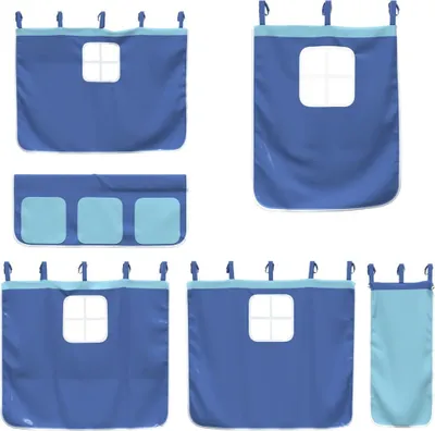 Collage of different views and sizes of blue fabric curtains with light blue trim and a square window with a grid pattern.