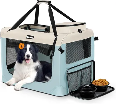 Produktbild von Reerooh Hundebox 80x58x58cm, faltbare Hundetransportbox inklusive Hundenapf, tragbare Hundetasche für Reisen, Auto-Tiertransportbox (XL, Hellblau)