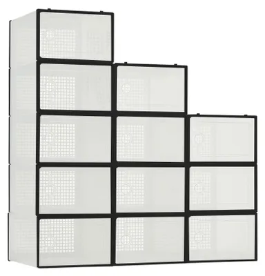Produktbild von Schuhaufbewahrungsboxen - Stapelbare Kunststoffboxen - Belüftet - Mit Deckel - Platzsparend - 12er-Pack - Schwarz