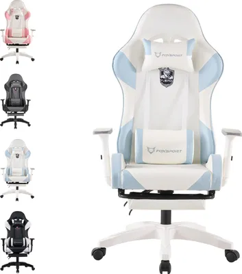 Produktbild von FOXSPORT Gaming Stuhl-Bürostuhl Ergonomisch-mit einklappbarer Fußstütze+ Lendenkissen+ Kopfstütze+ flexiblen Armlehnen-Computerstuhl-bis 150kg-Blau