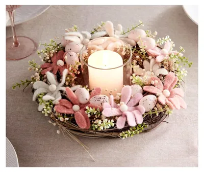 Produktbild von Osterkranz Ø 32 cm mit Filzblüten und Eiern, Tischkranz, Wandkranz, Türkranz