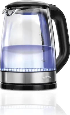 Produktbild von MPM MCZ-78 Schnurloser Wasserkocher, Glasgehäuse, 1,7 l FÃ1/4llmenge, 2200 Watt, 360° Sockel, Trockengehschutz, Kalkfilter, Abschaltautomatik