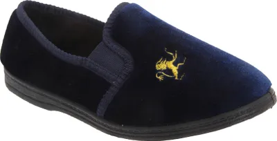 A single navy blue slipper with a yellow lion emblem on the side, shown from a diagonal angle on a white background.