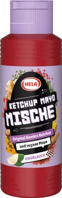 A bottle of Hela Ketchup Mayo Mische Knoblauch.