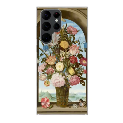 Produktbild von MuchoWow® Handyhülle Schutzhülle Hülle für Samsung Galaxy S22 Ultra Vase mit Blumen in einem Fenster - Gemälde von Ambrosius Bosschaert dem Älteren Silikon Softcase Handy Hülle - Abbildung