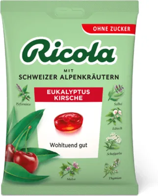 Produktbild von Ricola Eukalyptus Cherry so švajčiarskymi alpskými bylinkami bez cukru 75g