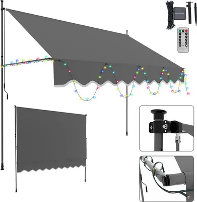 Immagine prodotto di Tenda da sole Tenda da sole con morsetti e LED Tenda da sole per balcone regolabile in altezza Tenda da sole senza forature per terrazza Balcone 300 cm Grigio